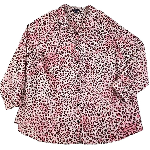 Roamans ~Woman Plus Size 32 W~ Pink/Brown Animal Print Button-Up Shirt Blouse LS - Picture 1 of 9